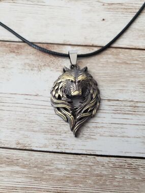 Wolf Pendant Multi Tone with Black Cord Necklace - Brand New